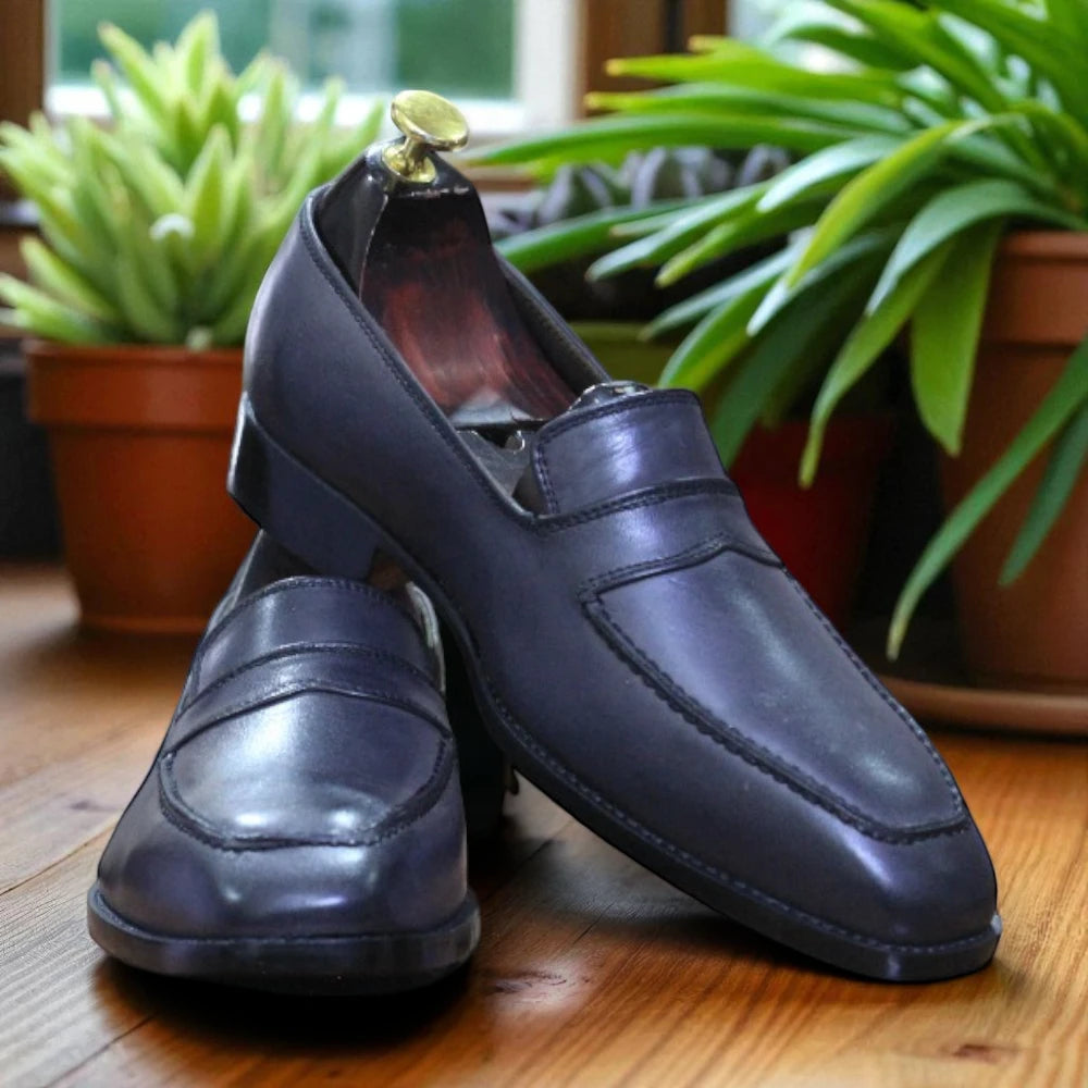 Grey casual leather loafers side view


