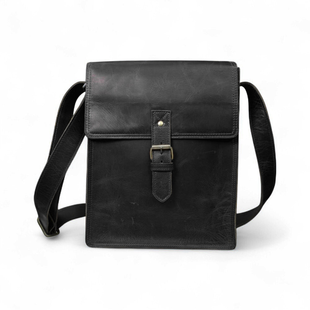 Front view of handmade Montreal leather satchel in dark brown color

