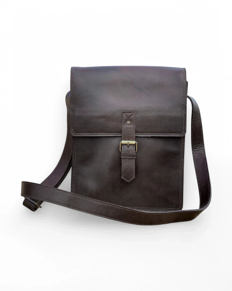 Front view of handmade Montreal leather satchel in dark brown color

