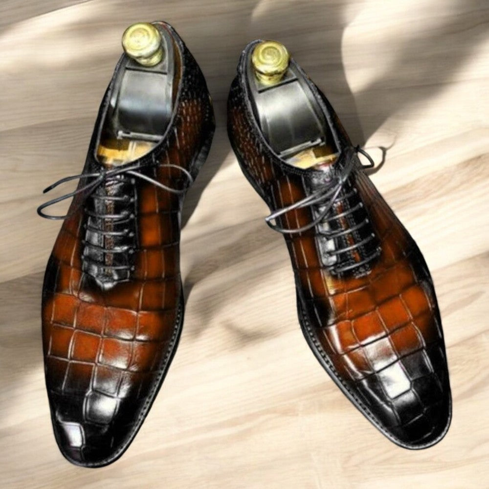  Handmade Two Tone Alligator Dress Shoes - Elegant Whole Cut Leather Lace-Up Shoes for Men