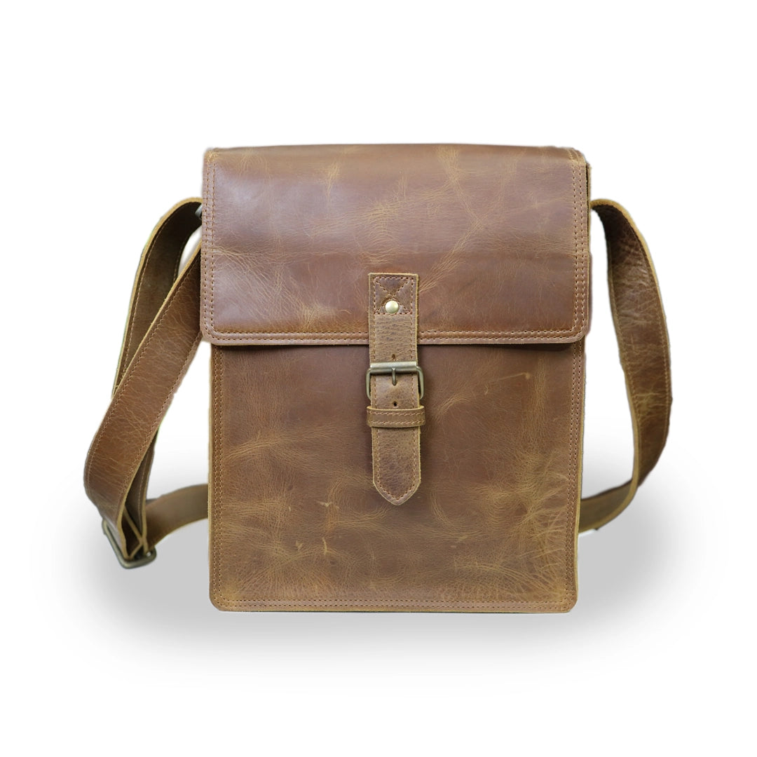 Front view of handmade Montreal leather satchel in dark brown color