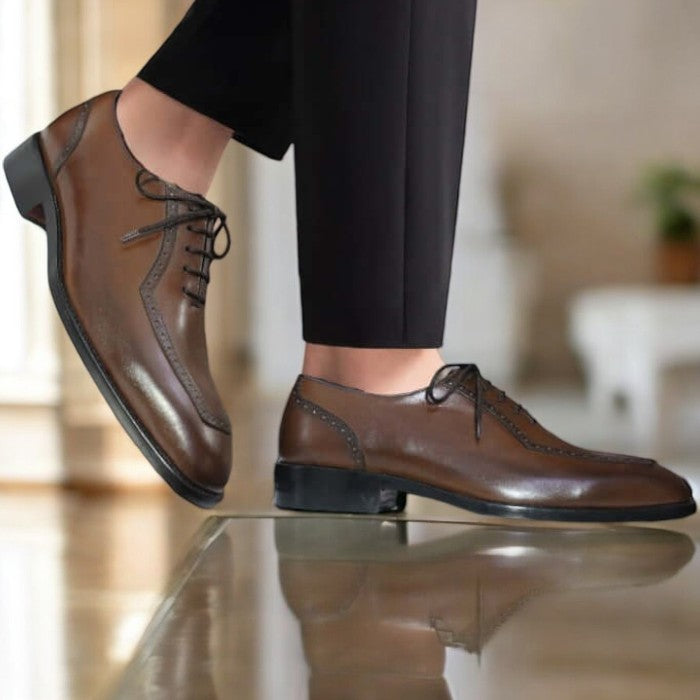 Men's lace-up oxford brown leather dress shoes on a white background