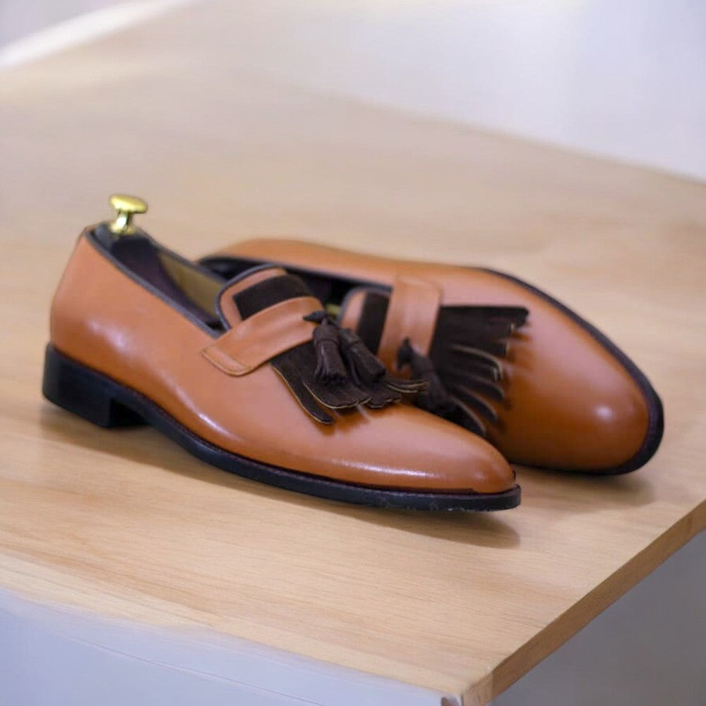Men's Handmade Pure Genuine Brown Leather Slip-On Moccasin Loafer Shoes, crafted for comfort and style, ideal for casual and formal wear.