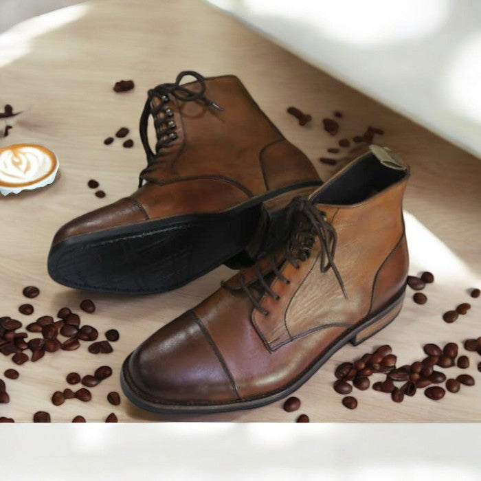 Men's Brown Ankle High Boots - Leather Lace Up Fashion Designer Cap Toe Patina
