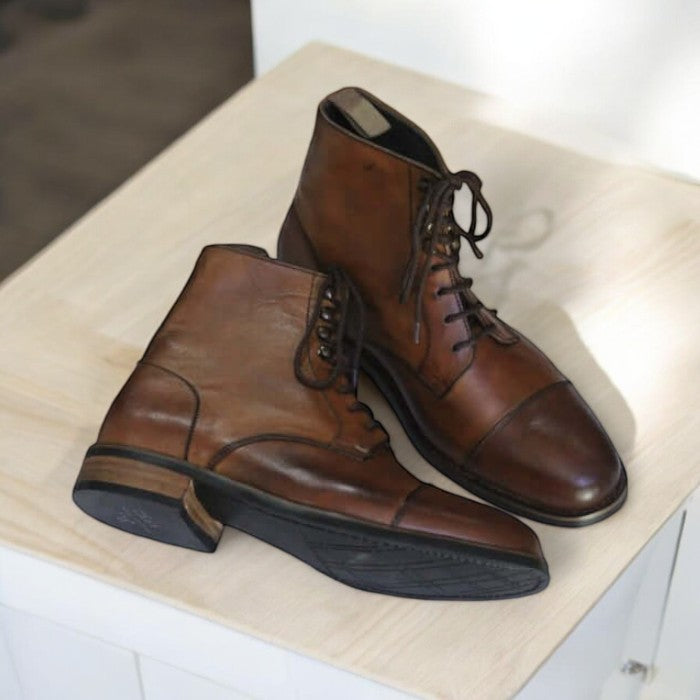 Men's Brown Ankle High Boots - Leather Lace Up Fashion Designer Cap Toe Patina