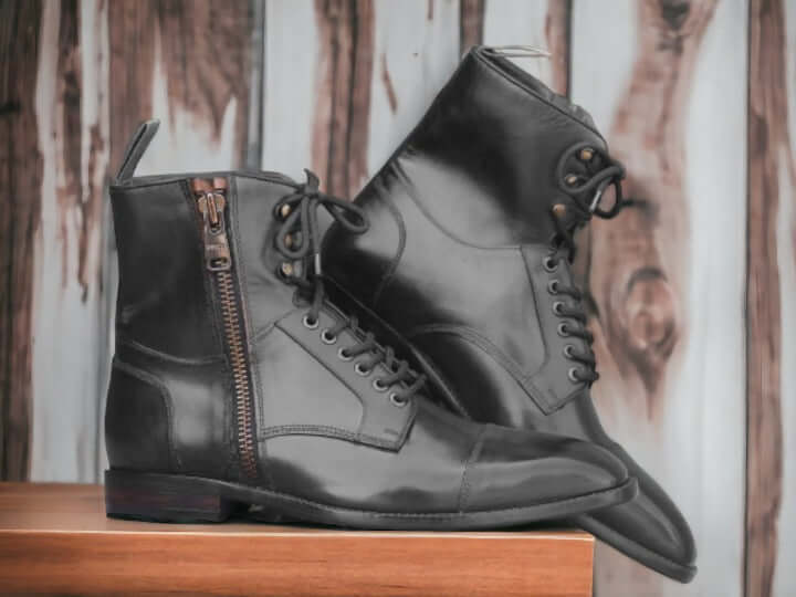 Men's brown genuine leather combat boots with a rugged military design, featuring reinforced stitching and a durable sole for optimal comfort and support