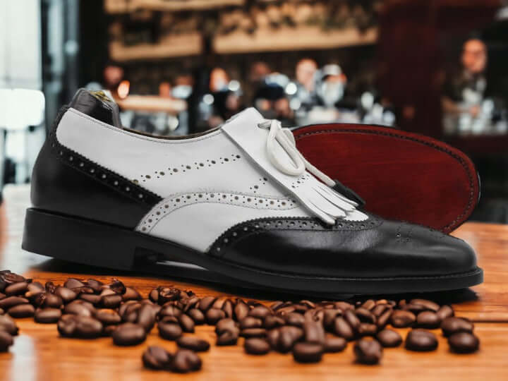 Handmade Men's Black & White Fringe Wing Tip Lace-Up Leather Shoes – Stylish Formal Footwear