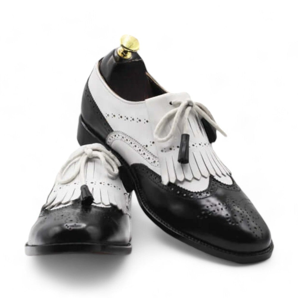 Handmade Men's Black & White Fringe Wing Tip Lace-Up Leather Shoes – Stylish Formal Footwear