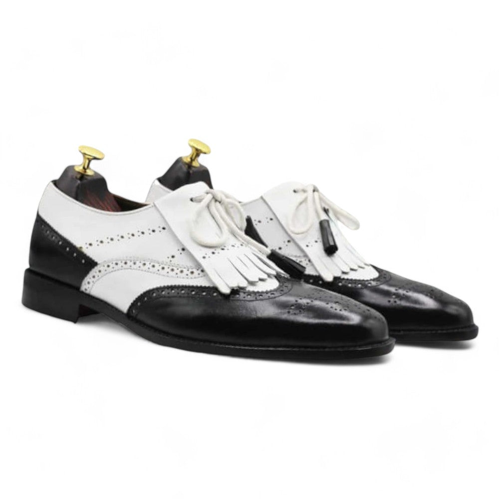 Handmade Men's Black & White Fringe Wing Tip Lace-Up Leather Shoes – Stylish Formal Footwear