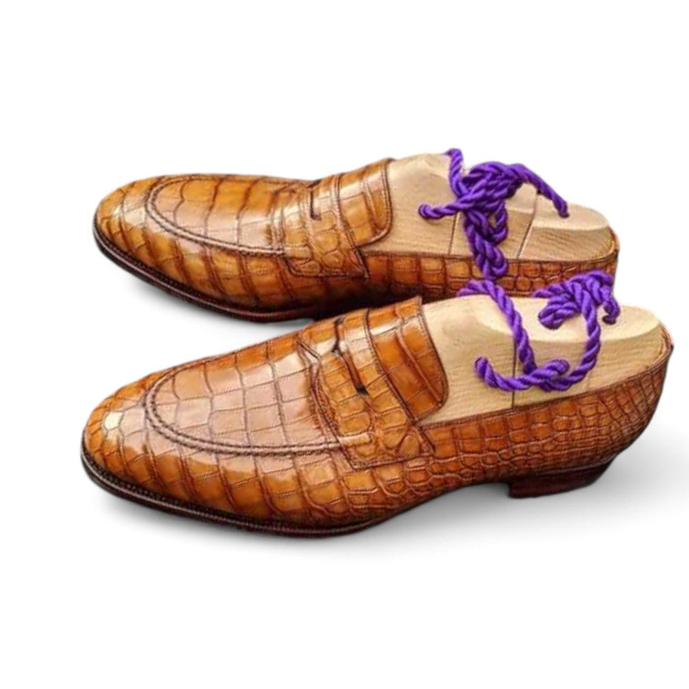 Men's Handmade Burgundy Crocodile Leather Slip-On Penny Loafers – Luxury Shoes