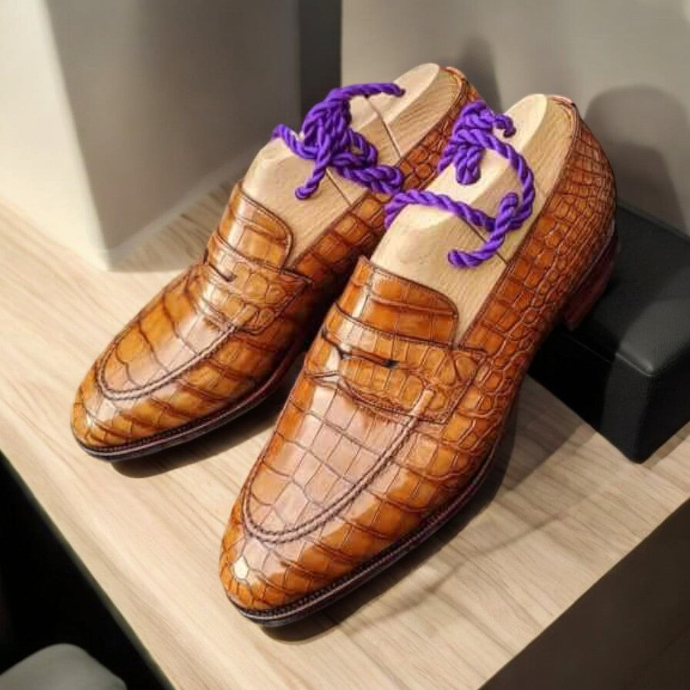 Men's Handmade Burgundy Crocodile Leather Slip-On Penny Loafers – Luxury Shoes