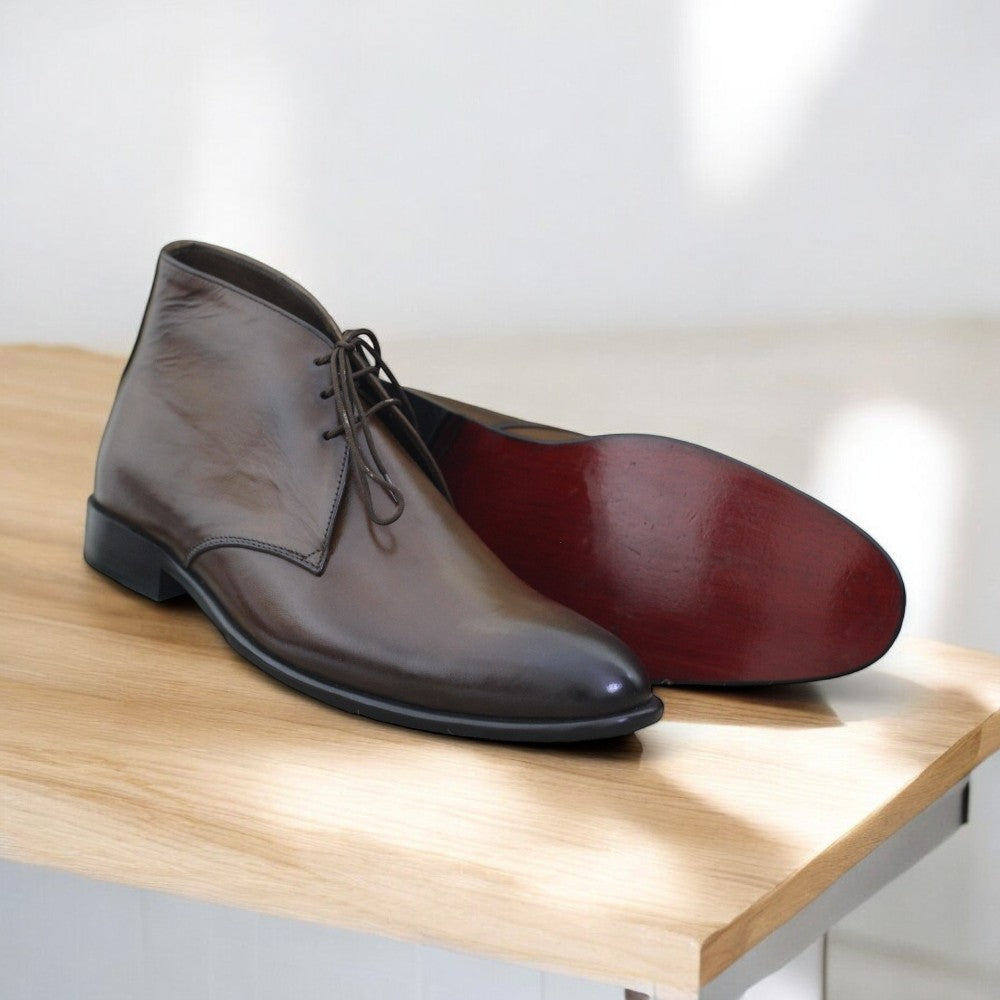 Men's Ankle High Brown Cap Toe Brogue Leather Boot featuring hand-painted design and classic style