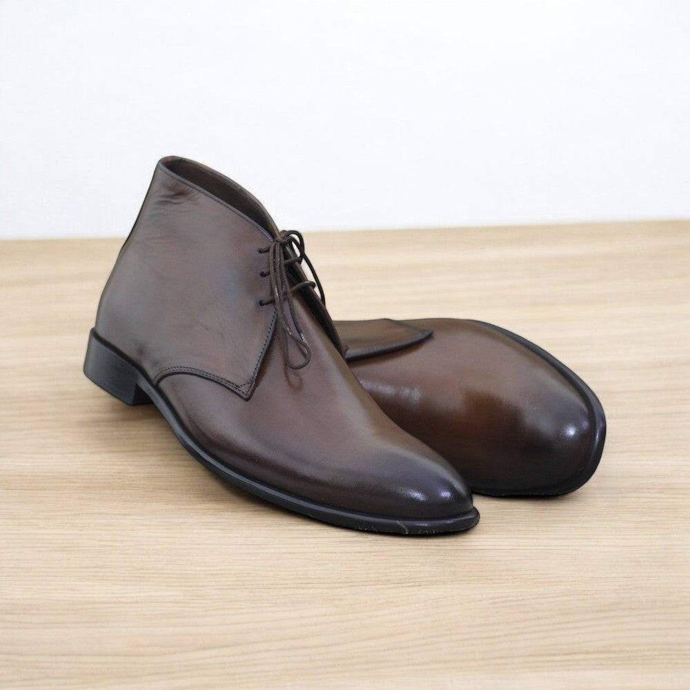 Men's Ankle High Brown Cap Toe Brogue Leather Boot featuring hand-painted design and classic style