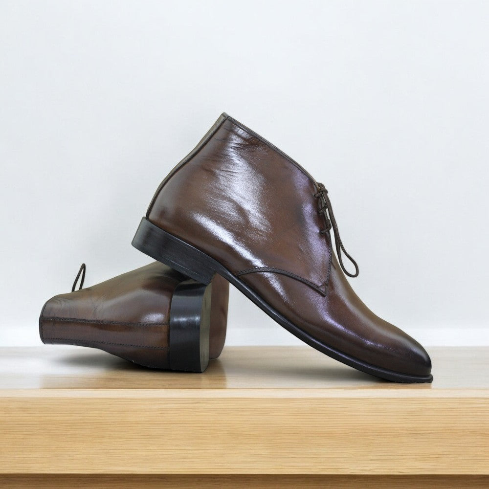 Men's Ankle High Brown Cap Toe Brogue Leather Boot featuring hand-painted design and classic style