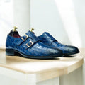Handmade Single Monk Alligator Textured Black Leather Shoes for Men, showcasing elegance and style