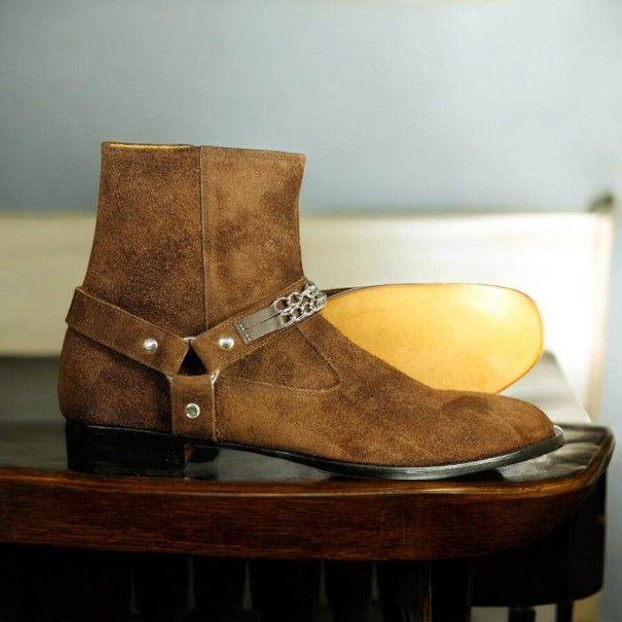 Men’s Harness Zipper Suede Boots, featuring a sleek design and durable craftsmanship for stylish comfort.