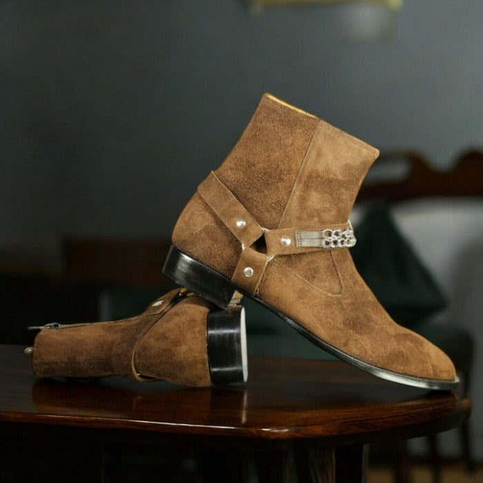 Men’s Harness Zipper Suede Boots, featuring a sleek design and durable craftsmanship for stylish comfort.