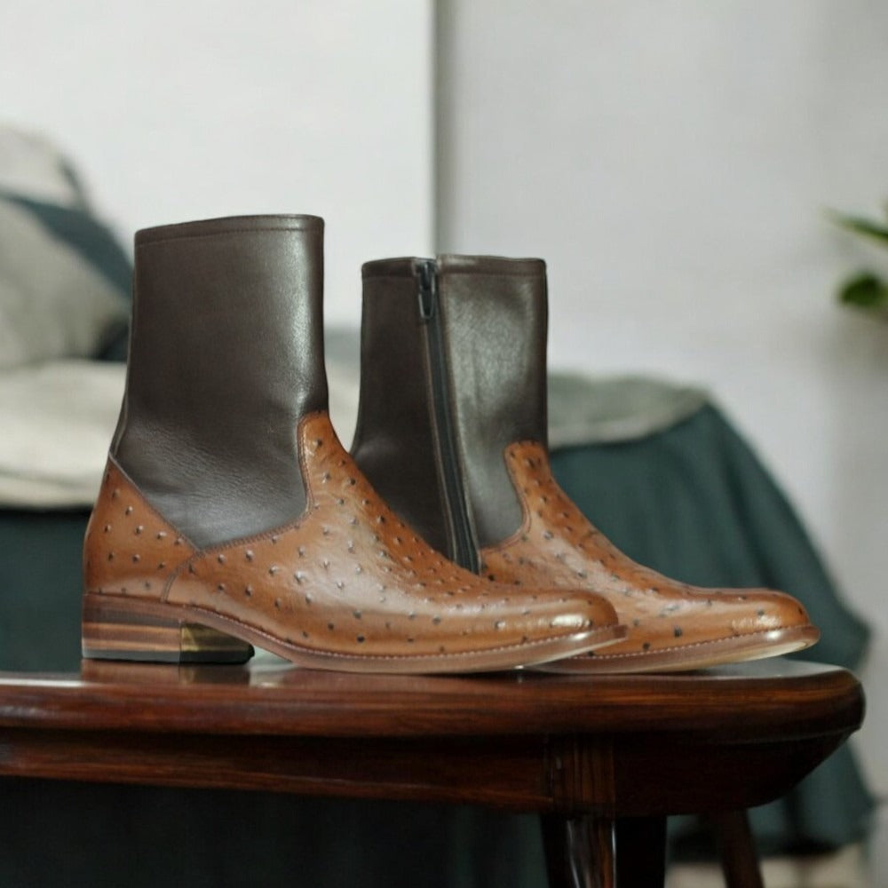 Lifestyle Shot – Handmade Men Ostrich Print Brown Leather Boots styled for casual and formal wear, versatile fashion with durable comfort sole.
