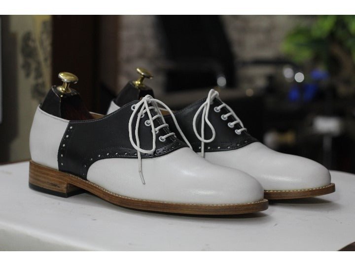 Bespoke Men's Black & White Genuine Leather Shoes, Oxford Shoes - Posh Footwear
