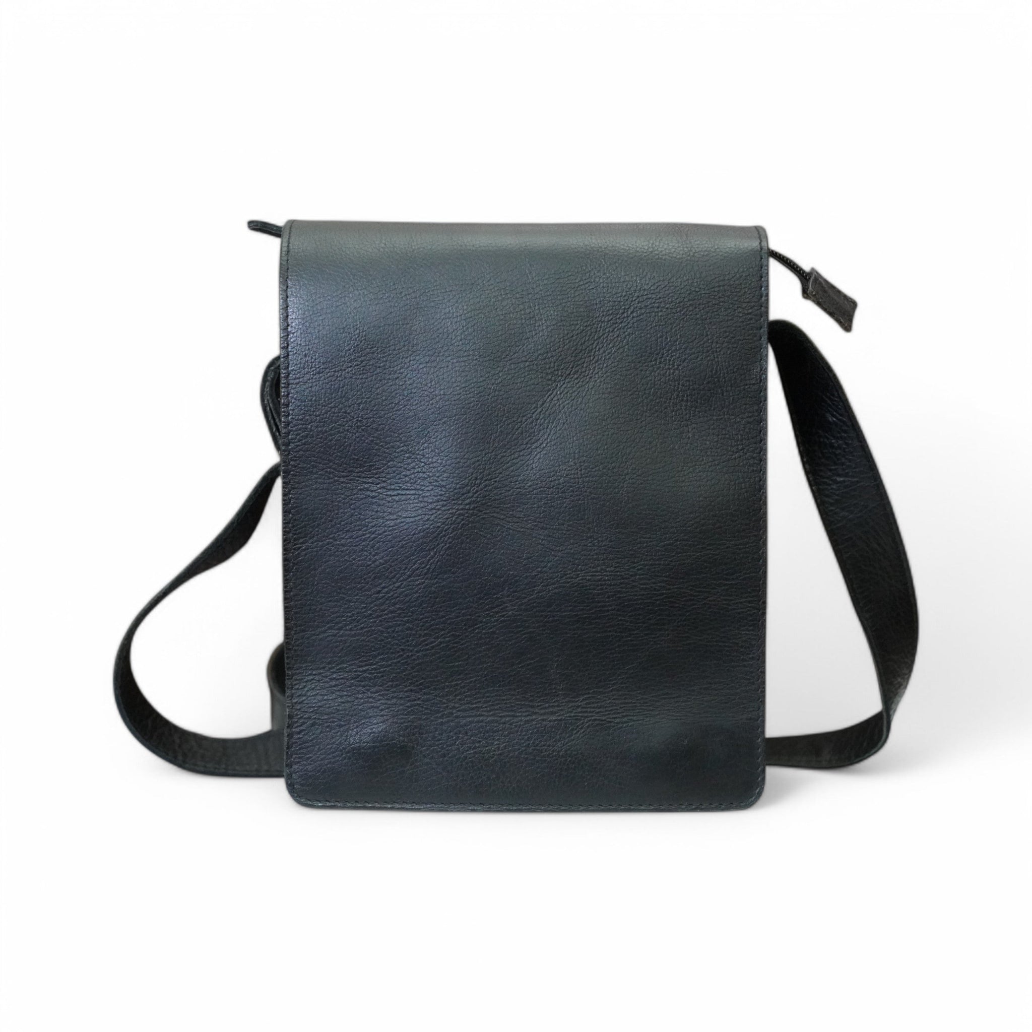 Front view of a sleek black leather messenger bag