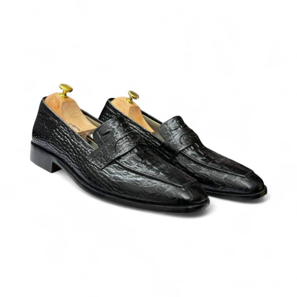 Handmade Men's Black Crocodile Loafers Shoes, Alligator Dress Suiting Shoe
