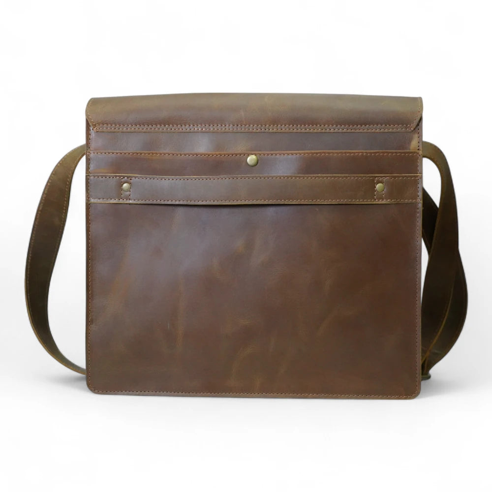 Back View – Rear angle displaying the large buttoned compartment and clean stitching.

