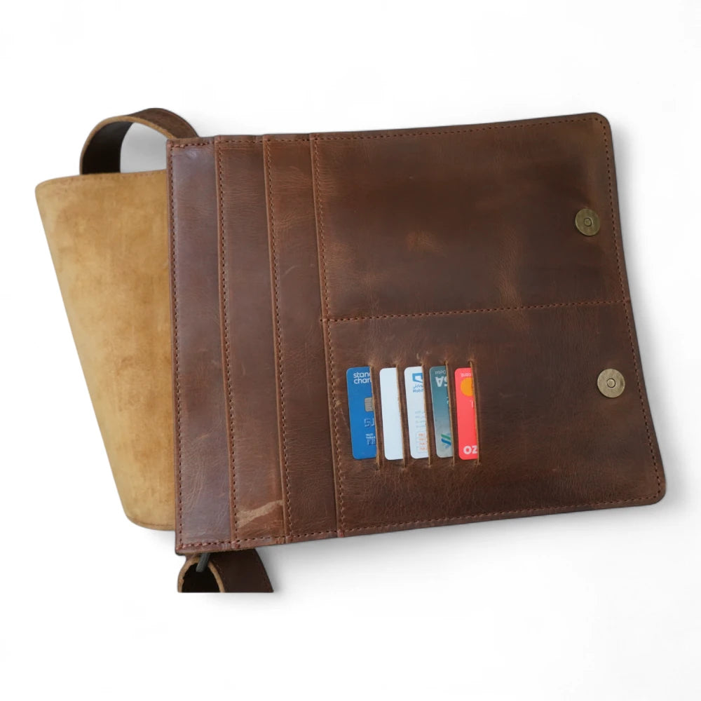 Top View – Overhead shot displaying the main flap, handle, and brass hardware.

