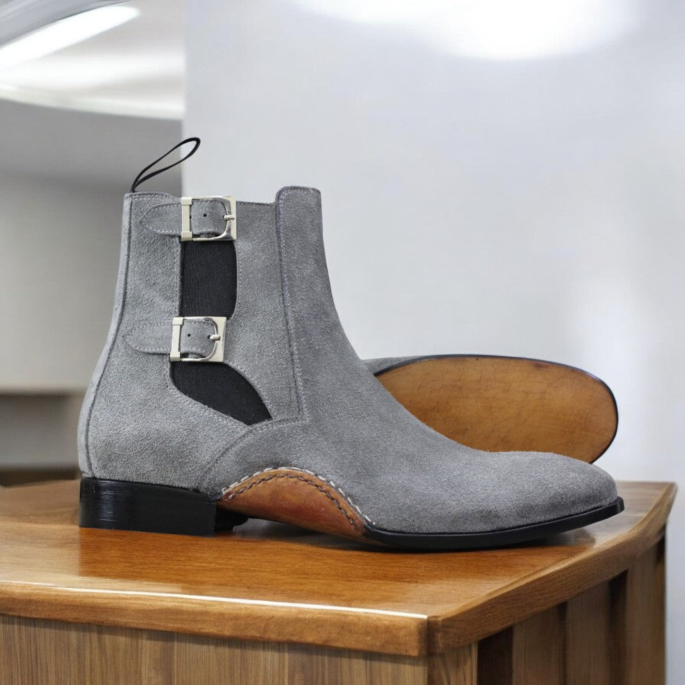 Handcrafted Gray Chelsea Boots with elastic side panels and durable sole by Posh foot wears