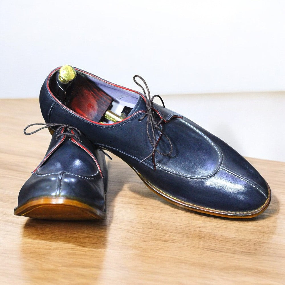 Handmade Grey Cow-Hide Leather Split Toe Shoes for Men with Dress Lace