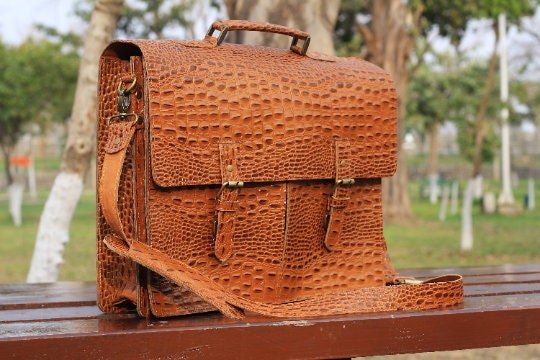 Hand Stitched Tan Crocodile Skin Texture Leather Bag, Customize Laptop Bag, Men Cross - body Travel Office Handbag, Elegant Mutli Purpose Bag - Posh Footwear