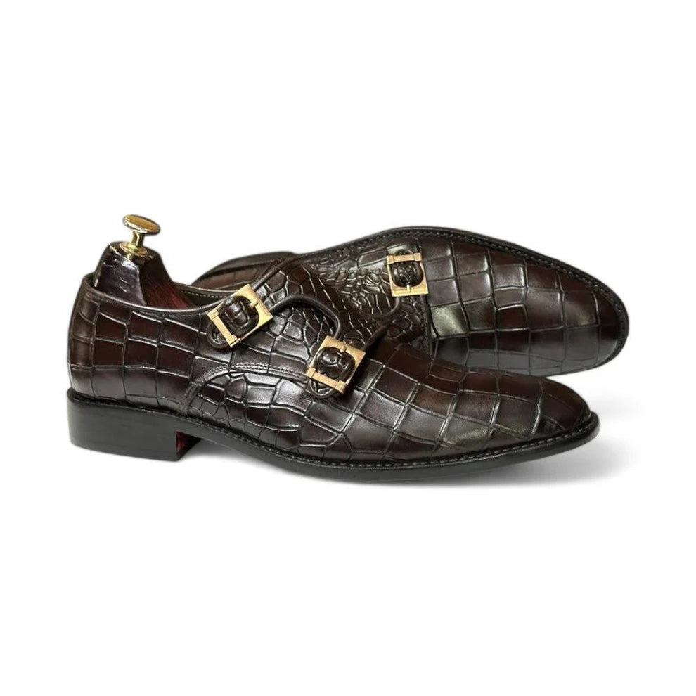 Handmade Dabble Monk Alligator Textured Shoes – Elegant Leather Black Shoes for Men - Posh Footwear