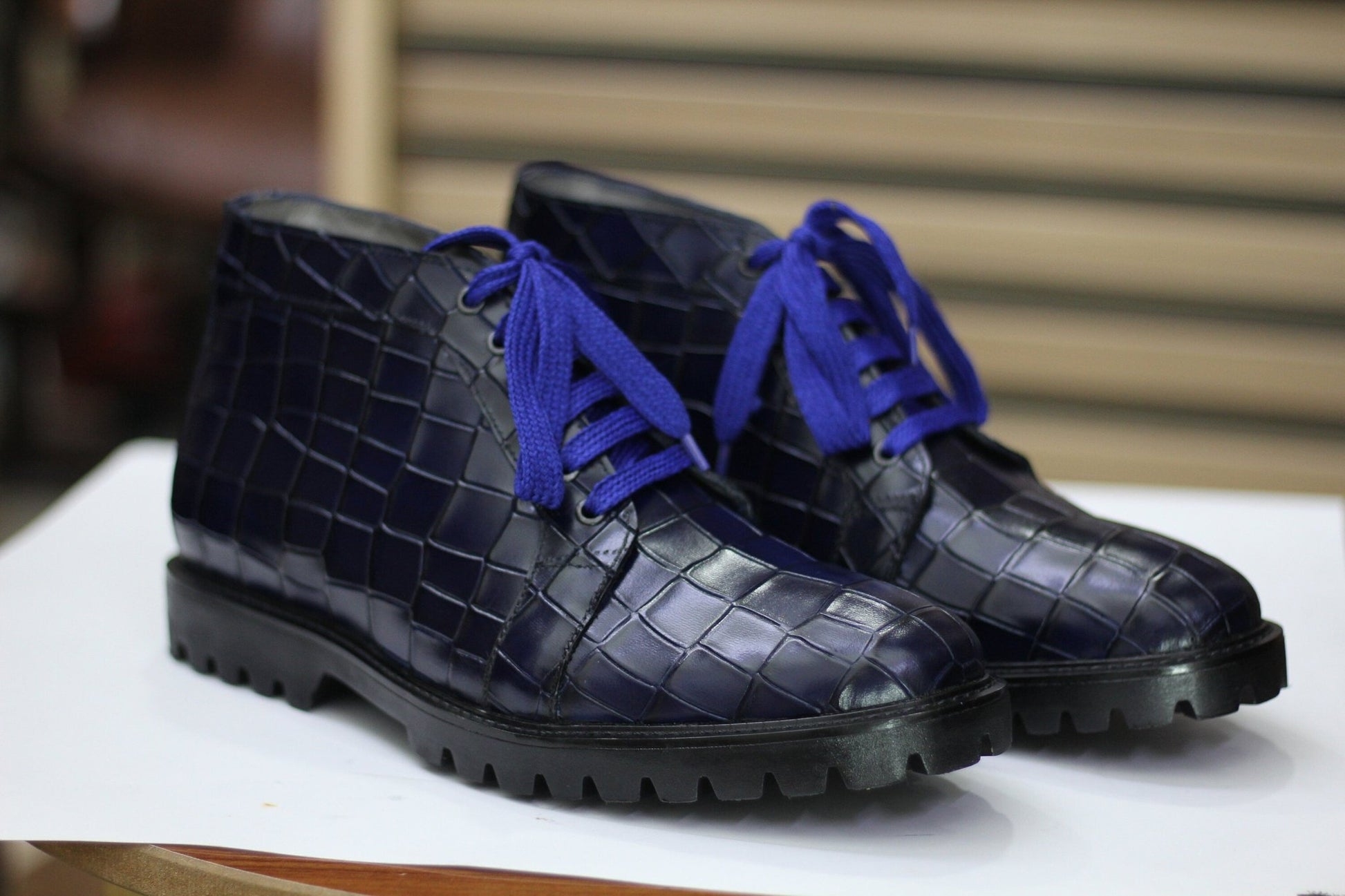 Handmade Alligator Textured Chukka Boots, Leather Blue Boots For Men's - Posh Footwear