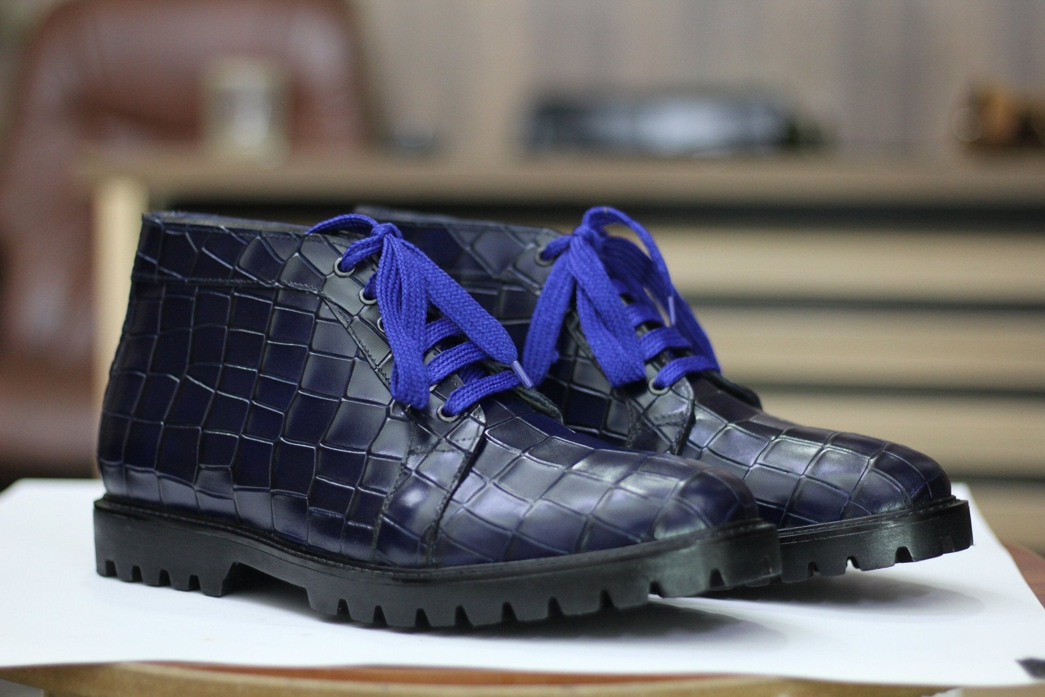 Handmade Alligator Textured Chukka Boots, Leather Blue Boots For Men's - Posh Footwear