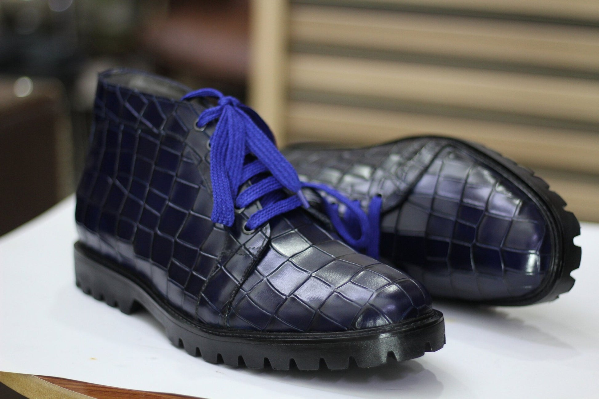 Handmade Alligator Textured Chukka Boots, Leather Blue Boots For Men's - Posh Footwear