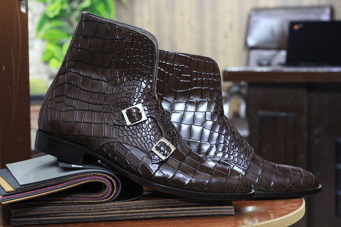 Handmade Alligator Textured Genuine Cow - Hide Leather Double Monk Boots For Men, Chukka Ankle Boots For Mens - Posh Footwear