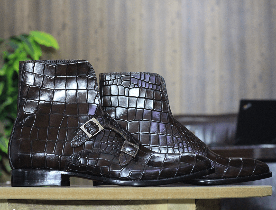 Handmade Alligator Textured Genuine Cow - Hide Leather Double Monk Boots For Men, Chukka Ankle Boots For Mens - Posh Footwear