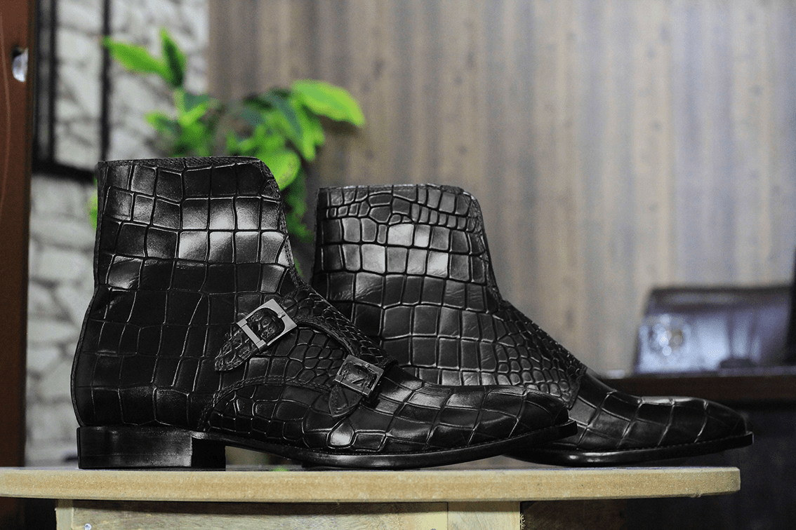 Handmade Alligator Textured Genuine Cow - Hide Leather Double Monk Boots For Men, Chukka Ankle Boots For Mens - Posh Footwear