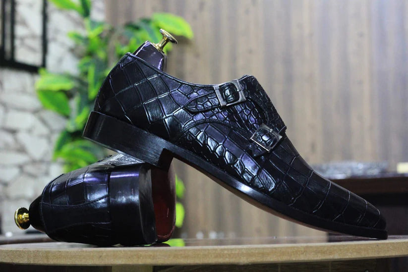 Handmade Dabble Monk Alligator Textured Shoes – Elegant Leather Black Shoes for Men - Posh Footwear