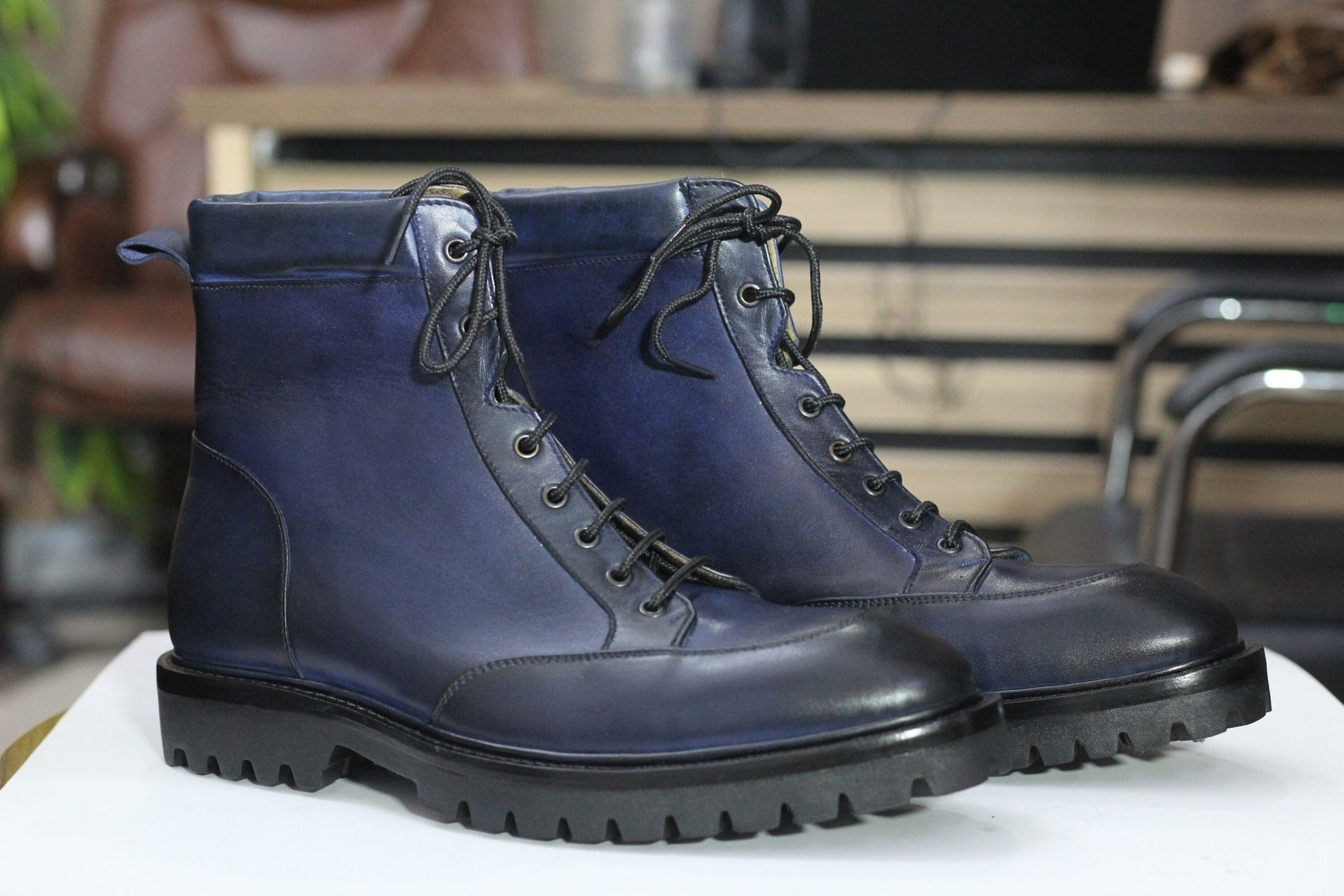 Handmade Ankle High Lace Up Boots, Leather Blue Long Boots For Men's - Posh Footwear