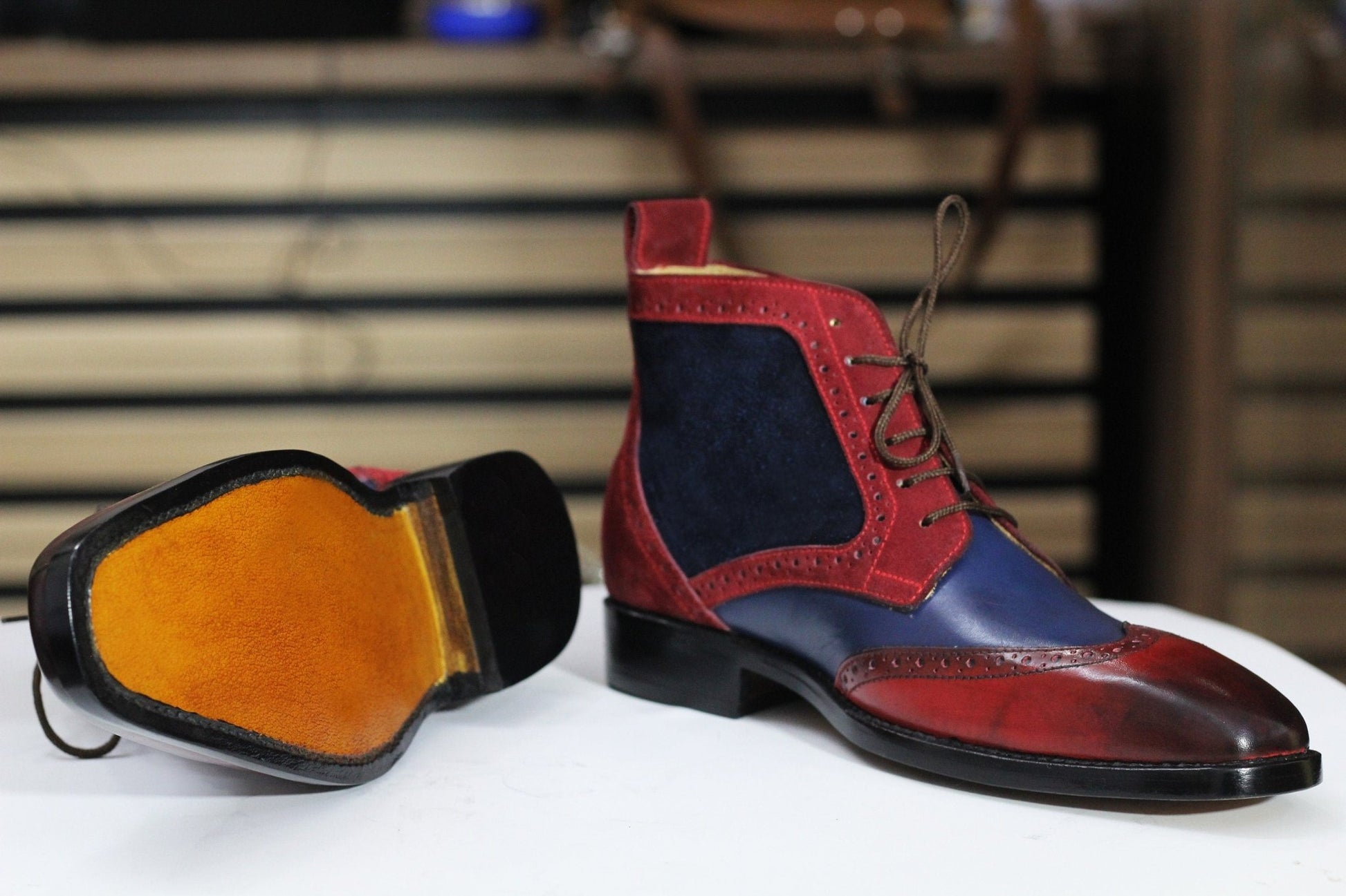 Handmade Burgundy & Navy Cowhide Leather and Suede Wing Tip Chukka Lace Up Boots For Men's - Posh Footwear