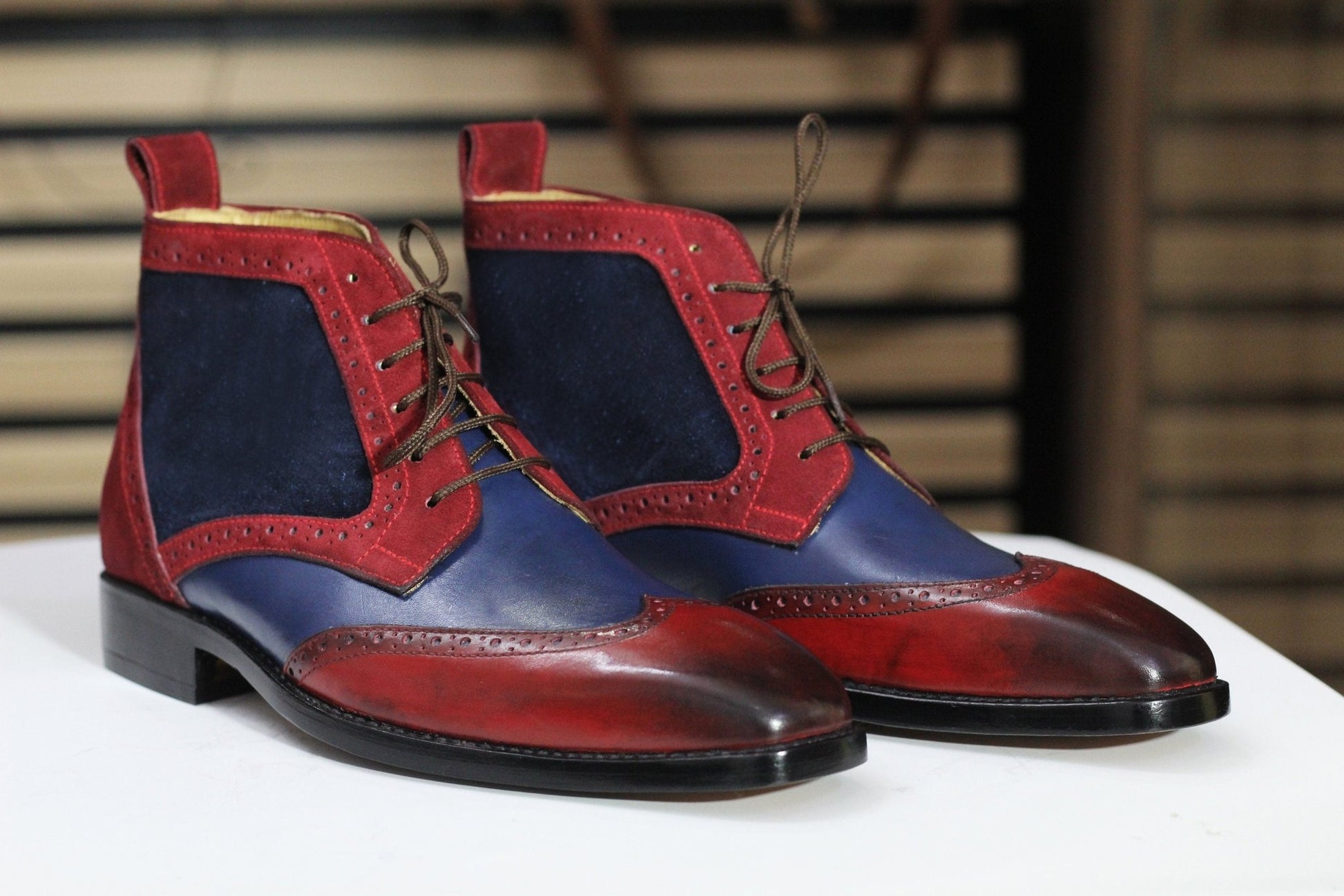 Handmade Burgundy & Navy Cowhide Leather and Suede Wing Tip Chukka Lace Up Boots For Men's - Posh Footwear