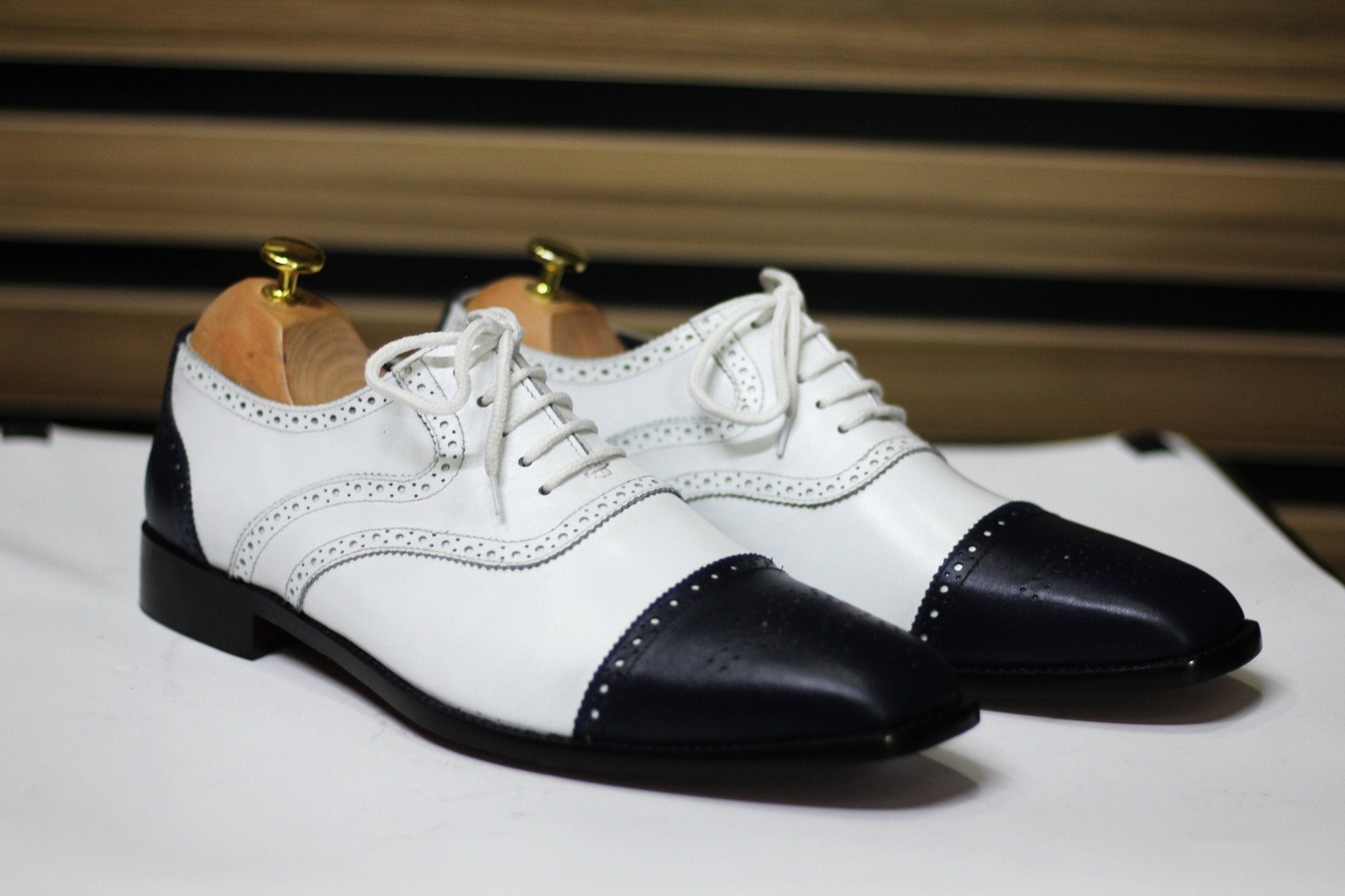 Handmade Cap Toe Brogue Black & White Goodyear Welted Lace Up Shoes For Men's - Posh Footwear