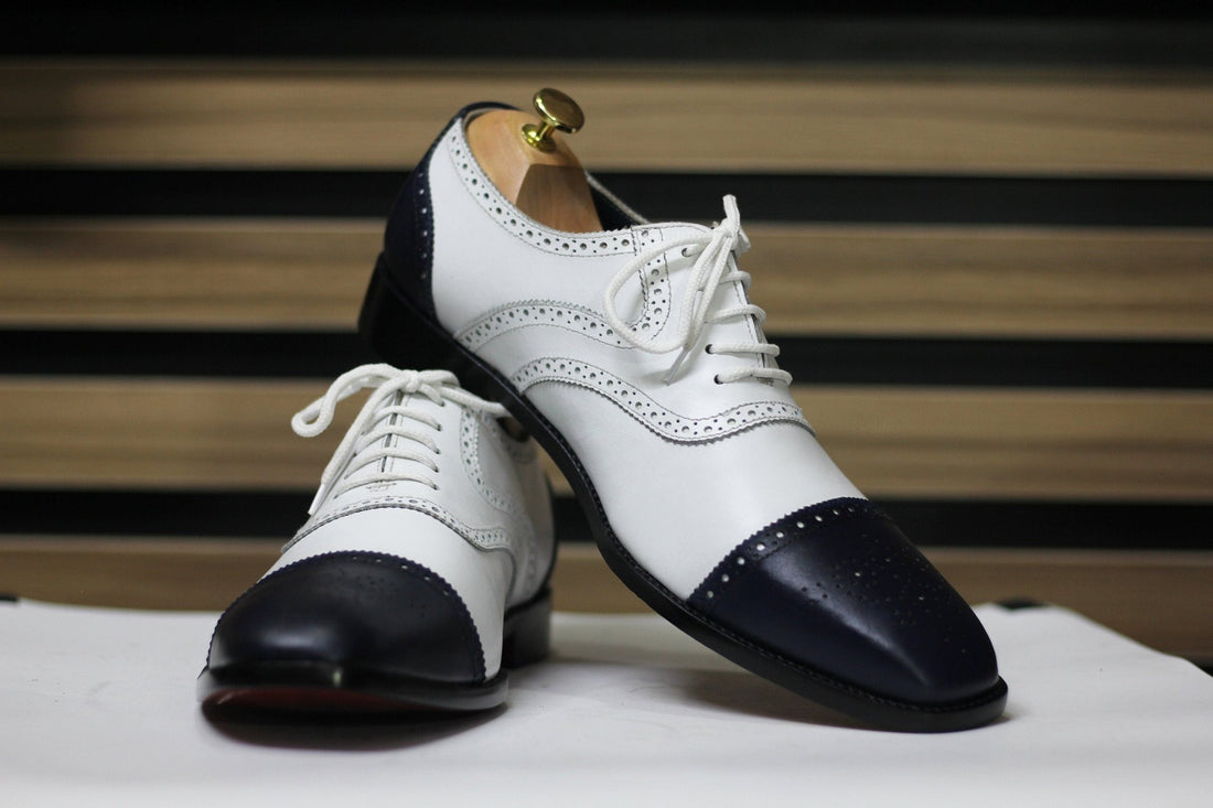 Handmade Cap Toe Brogue Black & White Goodyear Welted Lace Up Shoes For Men's - Posh Footwear