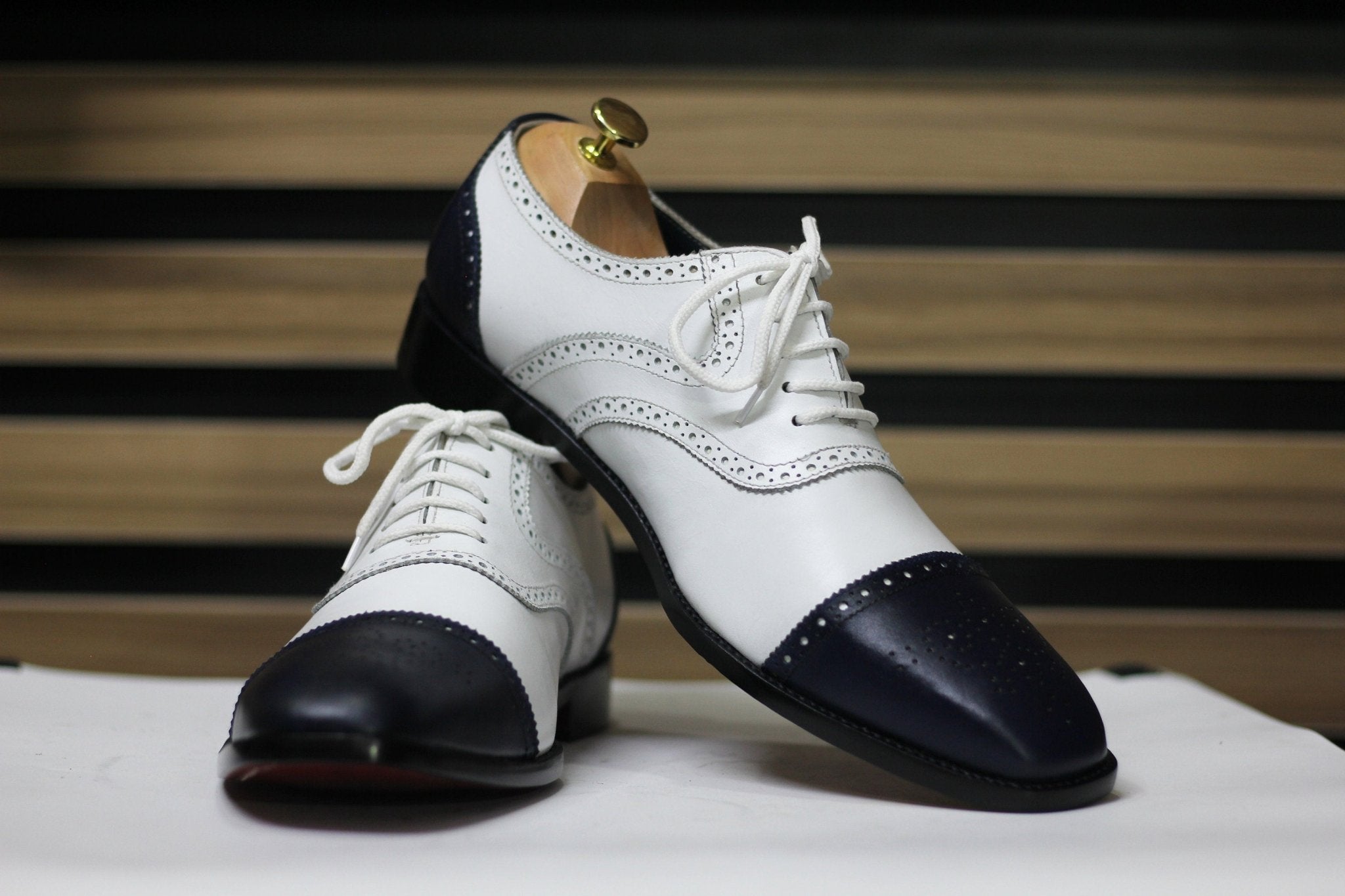 Handmade Cap Toe Brogue Black & White Goodyear Welted Lace Up Shoes For Men's - Posh Footwear