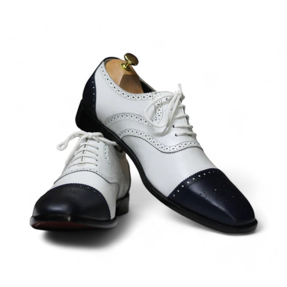 Handmade Cap Toe Brogue Black & White Goodyear Welted Lace Up Shoes For Men's - Posh Footwear