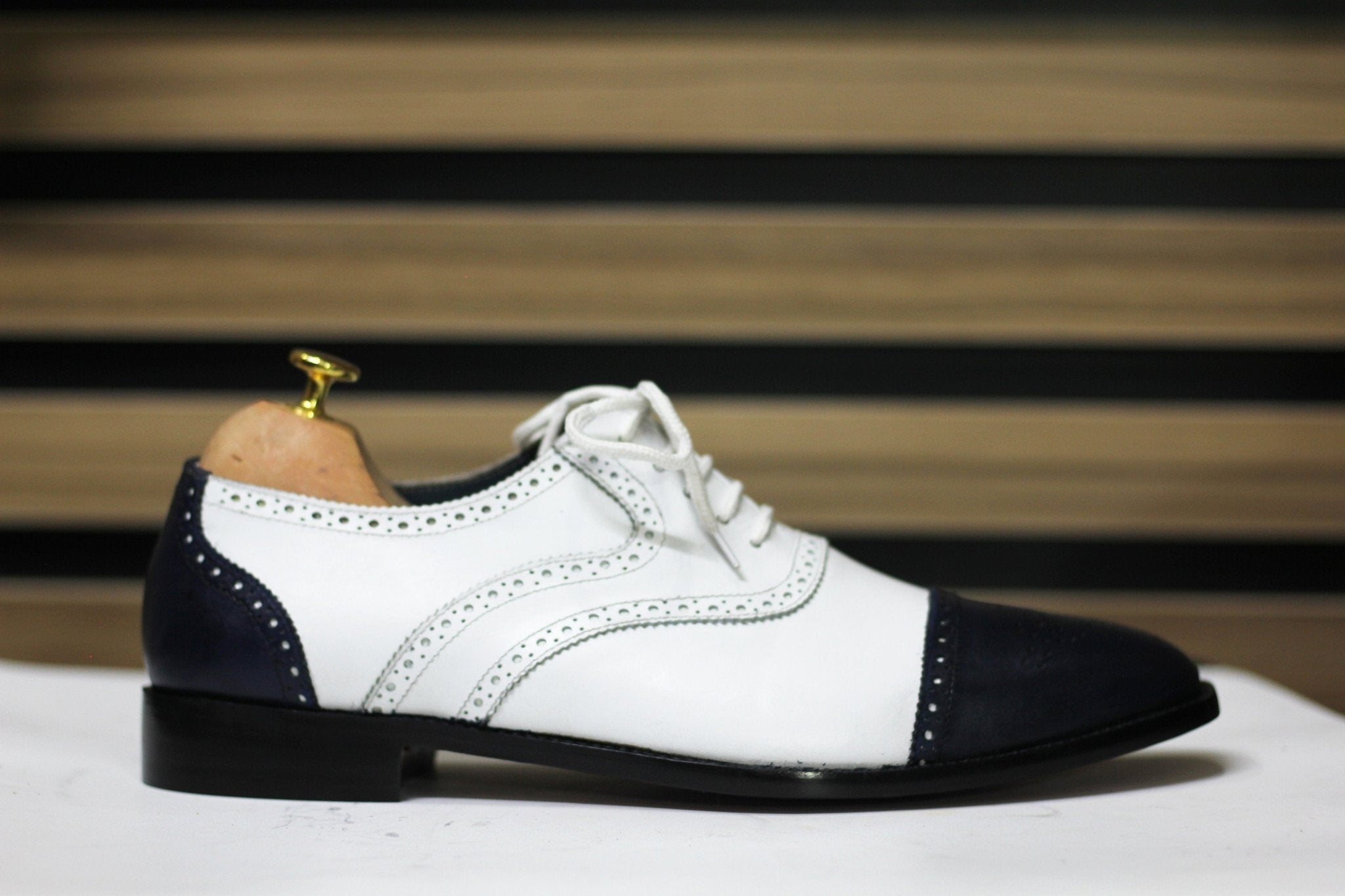 Handmade Cap Toe Brogue Black & White Goodyear Welted Lace Up Shoes For Men's - Posh Footwear