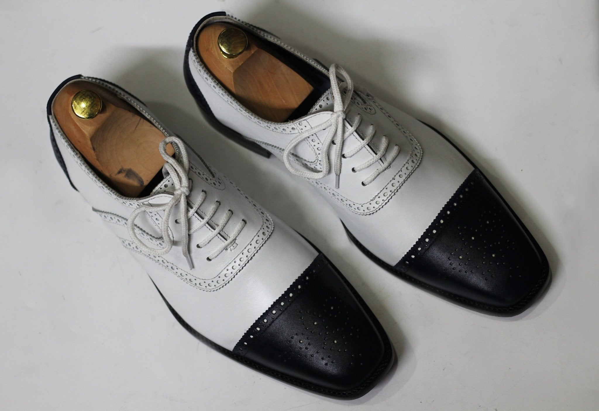Handmade Cap Toe Brogue Black & White Goodyear Welted Lace Up Shoes For Men's - Posh Footwear