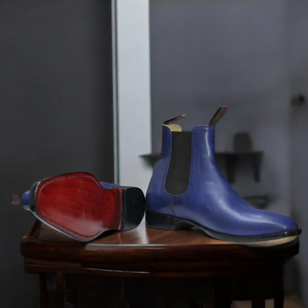 Men's Handmade Blue Chelsea Ankle High Leather Boot with a sleek design, crafted from premium leather for a stylish and comfortable fit.
