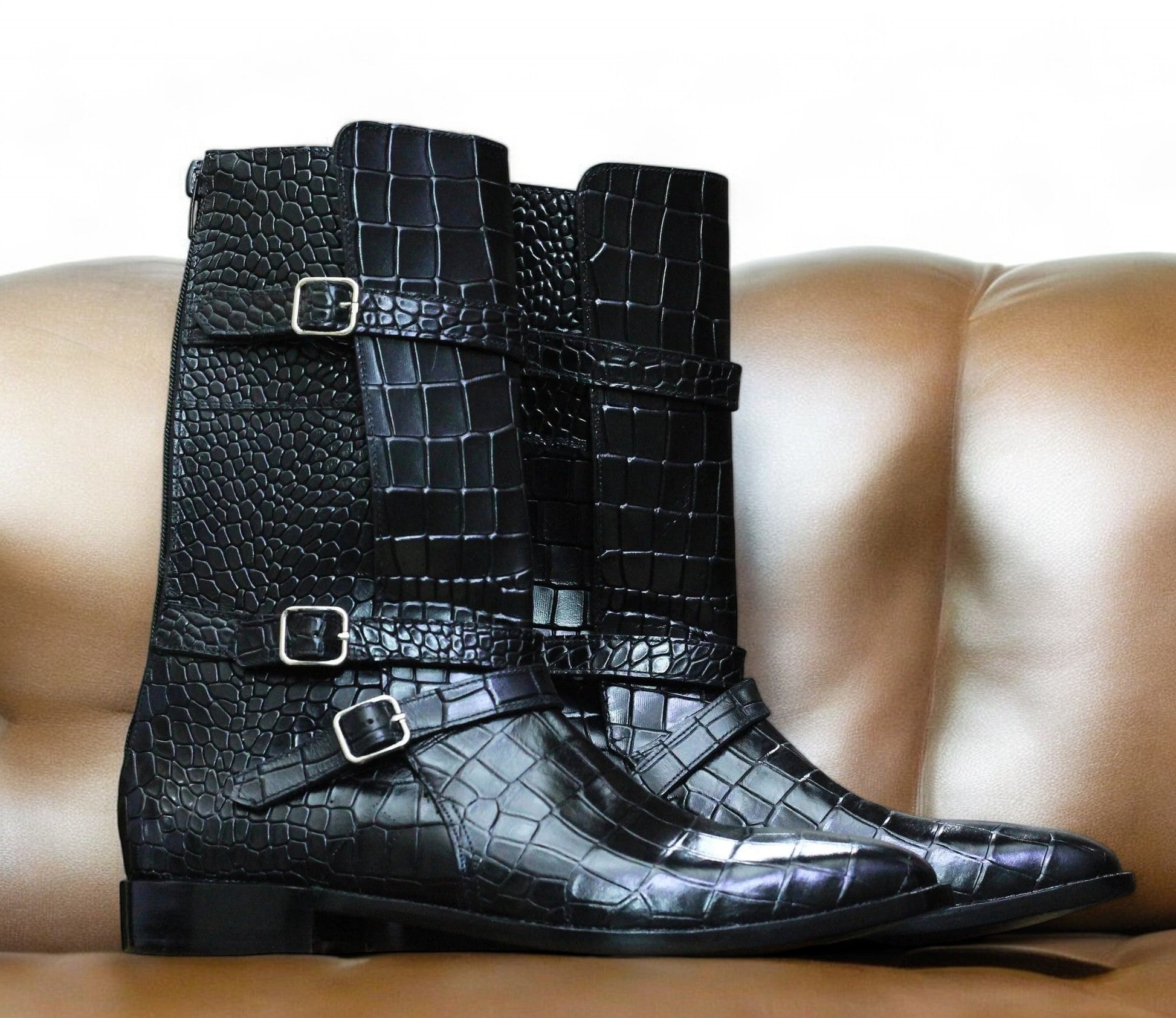 Handmade Customized Alligator Textured, Genuine Cow-Hide Leather, Long Buckle Strap Boots For Men, Cowboy Monk Strap, Boots For Mens