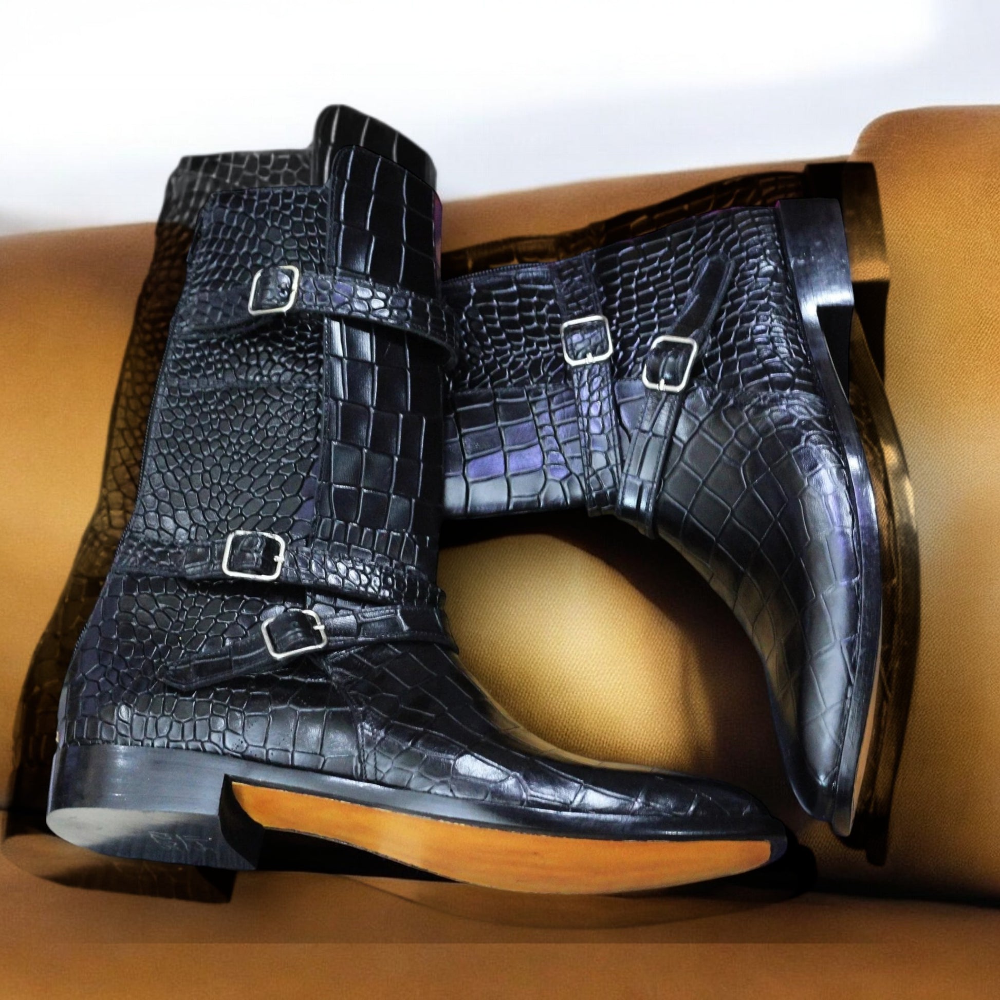 Handmade Customized Alligator Textured, Genuine Cow-Hide Leather, Long Buckle Strap Boots For Men, Cowboy Monk Strap, Boots For Mens